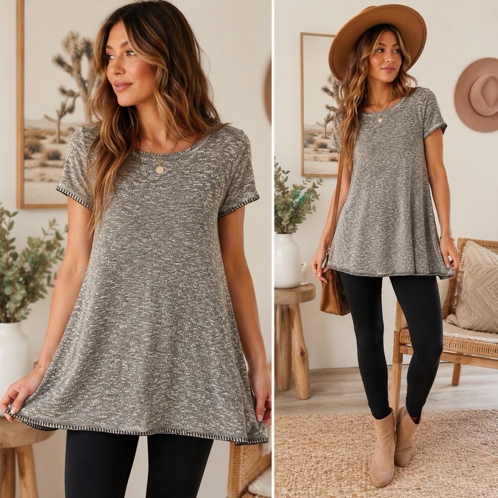 Natural Life Gray Marled Swing Tunic Top Women’s Medium Short Sleeve Casual Boho